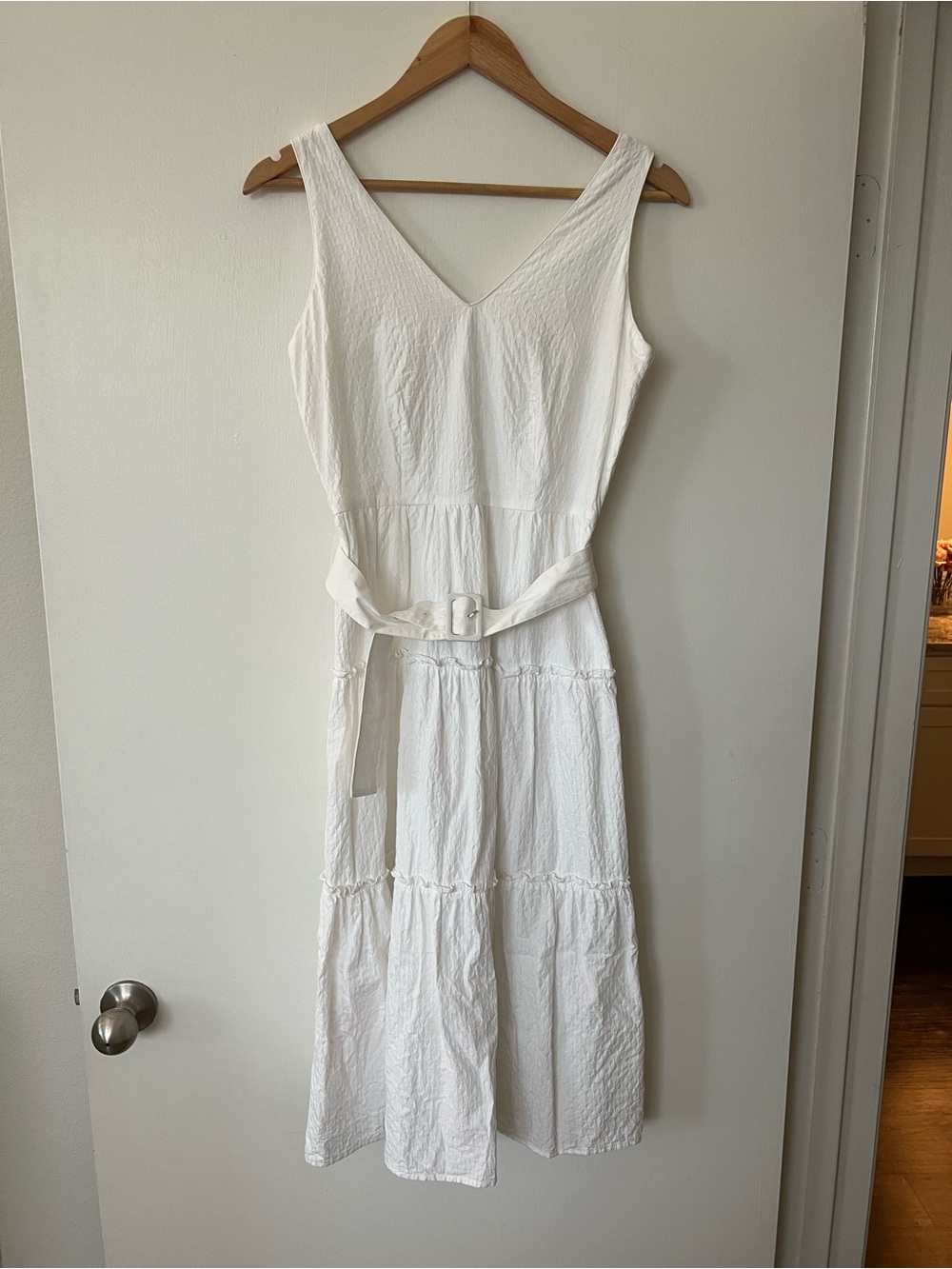 Ann Taylor White V-Neck Belted Maxi Dress